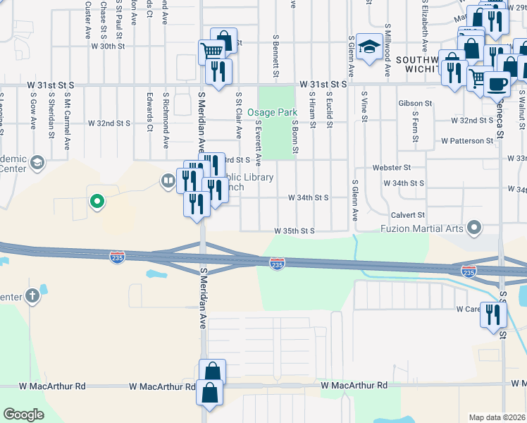 map of restaurants, bars, coffee shops, grocery stores, and more near 3531 South Bennett Street in Wichita