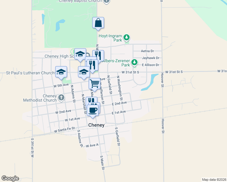map of restaurants, bars, coffee shops, grocery stores, and more near 403 North Garfield Street in Cheney
