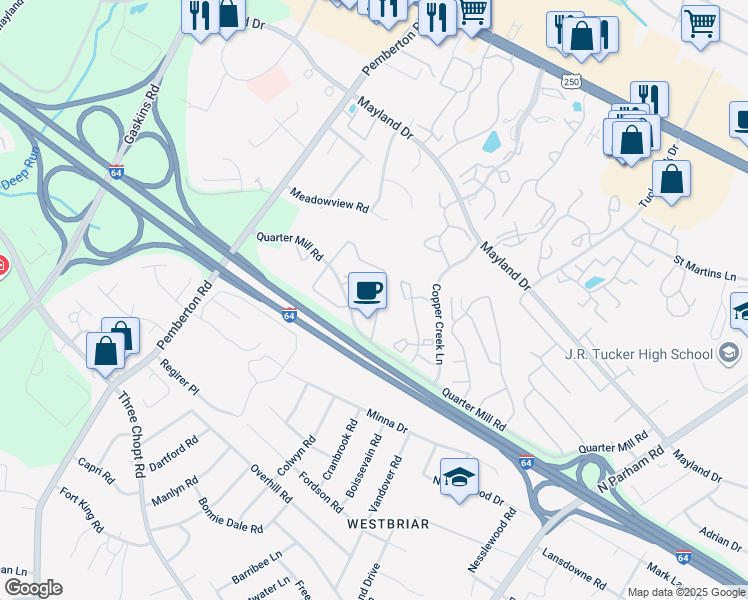 map of restaurants, bars, coffee shops, grocery stores, and more near 2832 Queensland Drive in Richmond