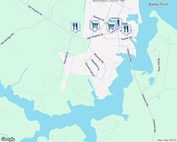 map of restaurants, bars, coffee shops, grocery stores, and more near Garnett Hill Drive in Urbanna