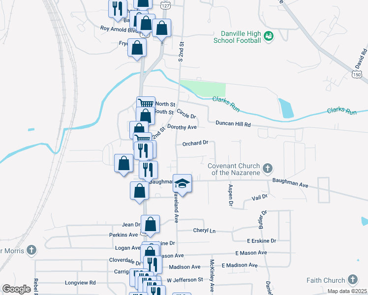 map of restaurants, bars, coffee shops, grocery stores, and more near 103 Henson Ave in Danville