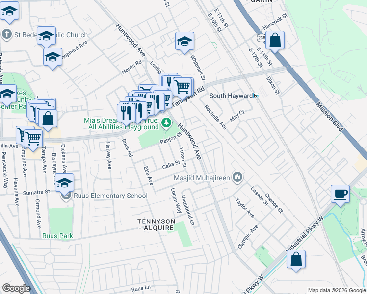 map of restaurants, bars, coffee shops, grocery stores, and more near 28537 Triton Street in Hayward