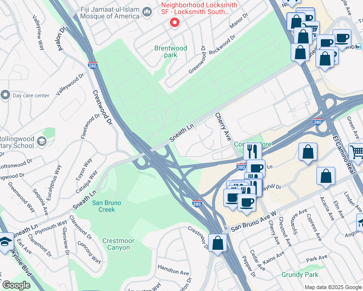 map of restaurants, bars, coffee shops, grocery stores, and more near 405 Piccadilly Place in San Bruno