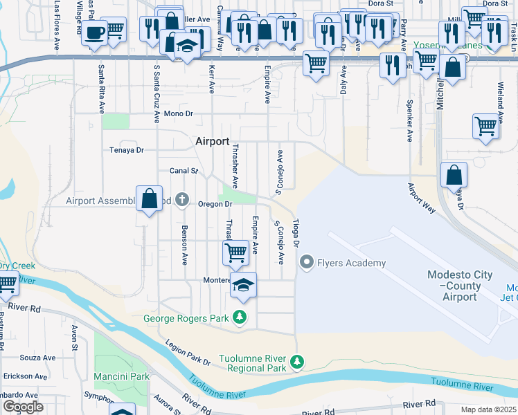 map of restaurants, bars, coffee shops, grocery stores, and more near 611 Empire Avenue in Modesto