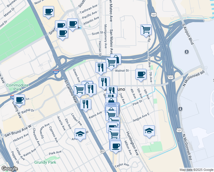 map of restaurants, bars, coffee shops, grocery stores, and more near Huntington Avenue in San Bruno