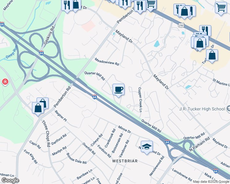 map of restaurants, bars, coffee shops, grocery stores, and more near 2905 Kennebrook Court in Richmond