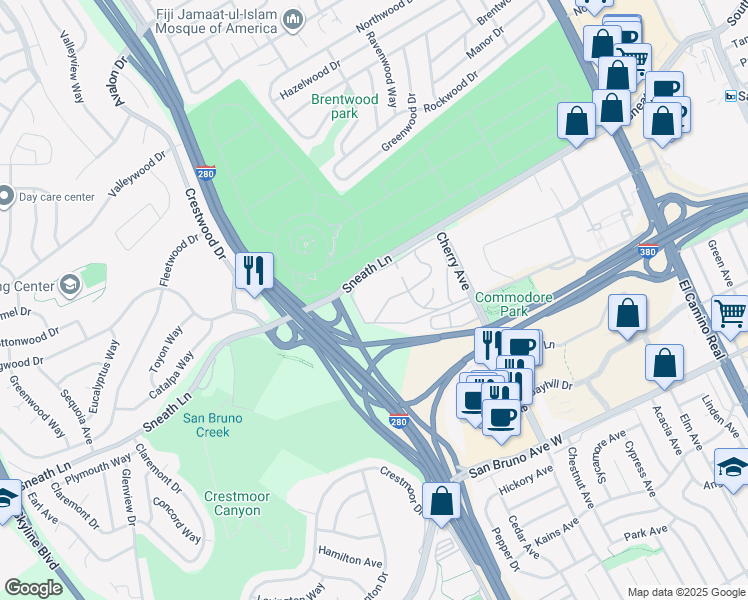 map of restaurants, bars, coffee shops, grocery stores, and more near 413 Piccadilly Place in San Bruno