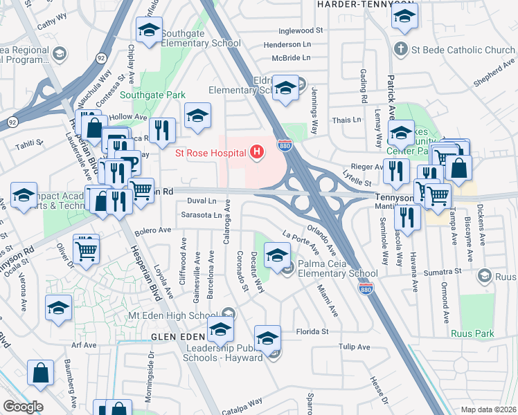 map of restaurants, bars, coffee shops, grocery stores, and more near 27493 Orlando Avenue in Hayward