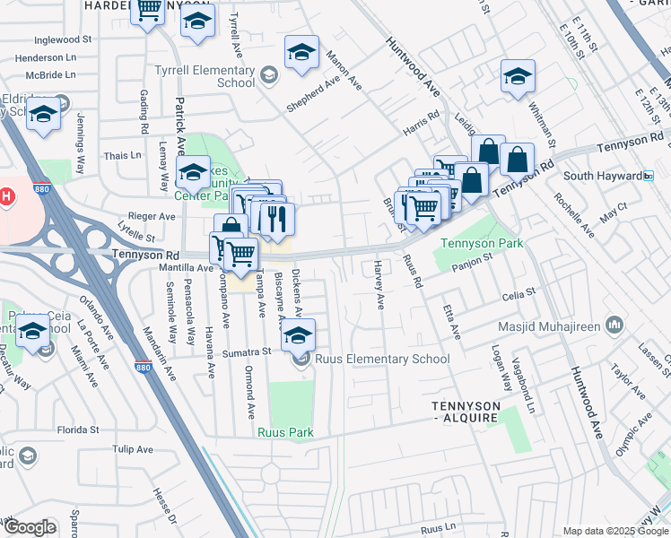 map of restaurants, bars, coffee shops, grocery stores, and more near 27949 Thornton Court in Hayward