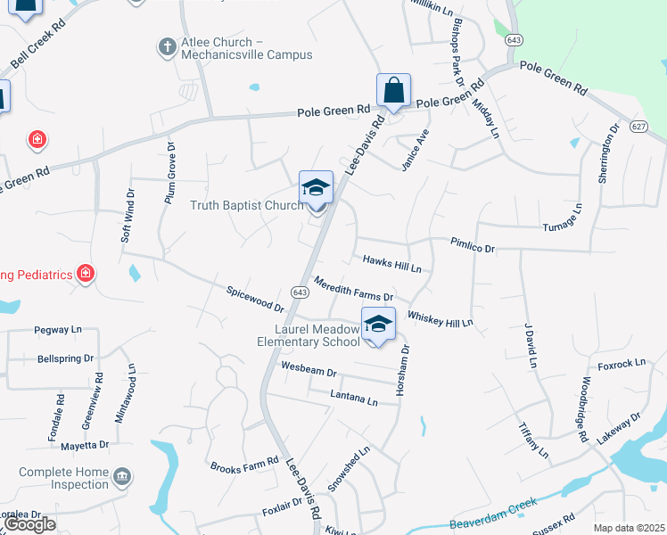 map of restaurants, bars, coffee shops, grocery stores, and more near 8286 Lee Davis Road in Mechanicsville