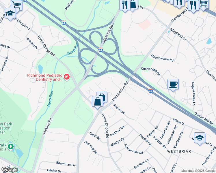 map of restaurants, bars, coffee shops, grocery stores, and more near 3009 Grand Oaks Terrace in Richmond