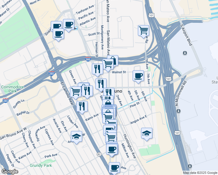 map of restaurants, bars, coffee shops, grocery stores, and more near 2 San Bruno Avenue West in San Bruno