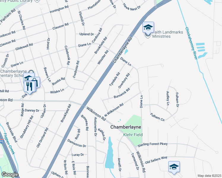 map of restaurants, bars, coffee shops, grocery stores, and more near 8205 Tyndale Road in Richmond