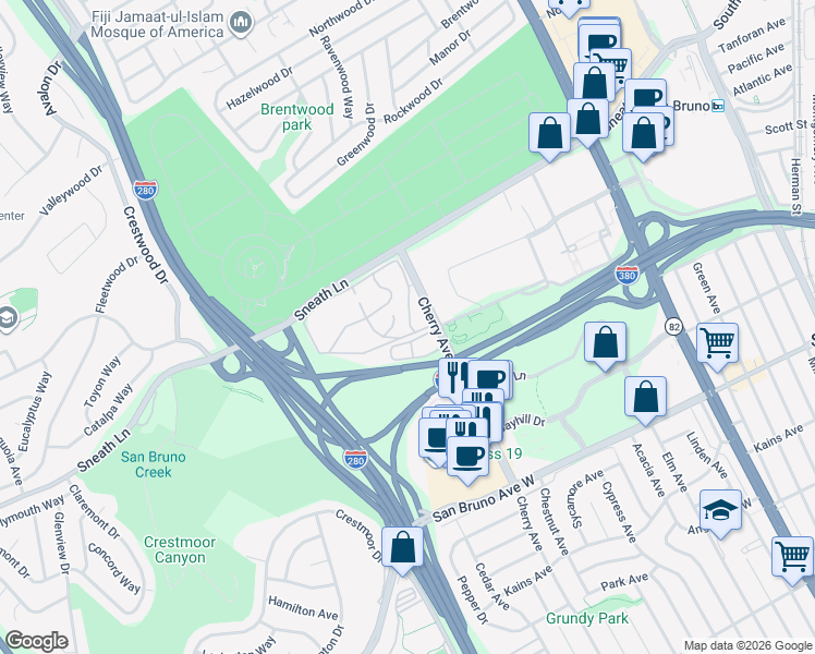 map of restaurants, bars, coffee shops, grocery stores, and more near 213 Boardwalk Avenue in San Bruno