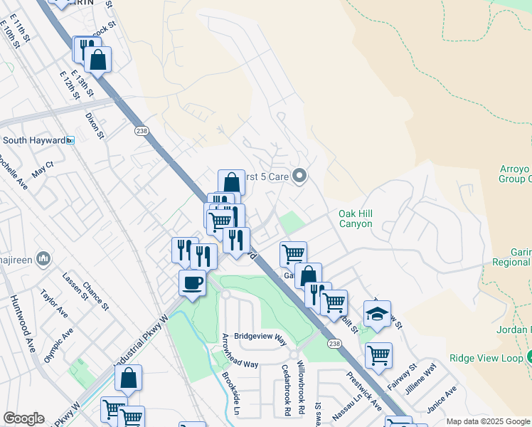 map of restaurants, bars, coffee shops, grocery stores, and more near 29629 Mountain Oak Court in Hayward