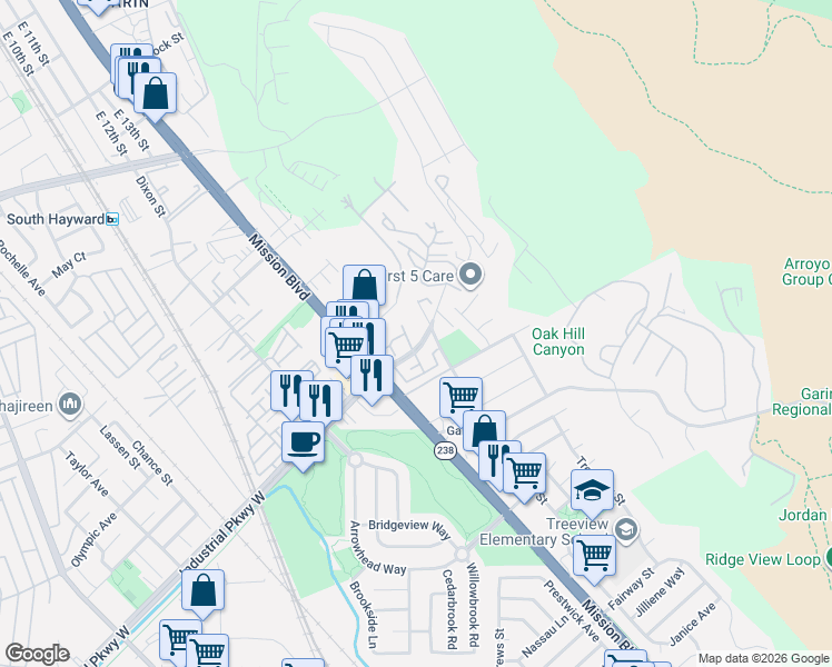 map of restaurants, bars, coffee shops, grocery stores, and more near 29629 Mountain Oak Court in Hayward
