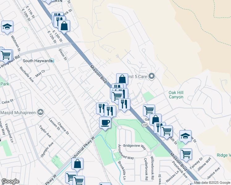 map of restaurants, bars, coffee shops, grocery stores, and more near 29497 Mission Boulevard in Hayward