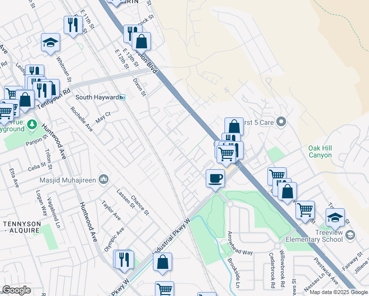 map of restaurants, bars, coffee shops, grocery stores, and more near 29397 Dixon Street in Hayward