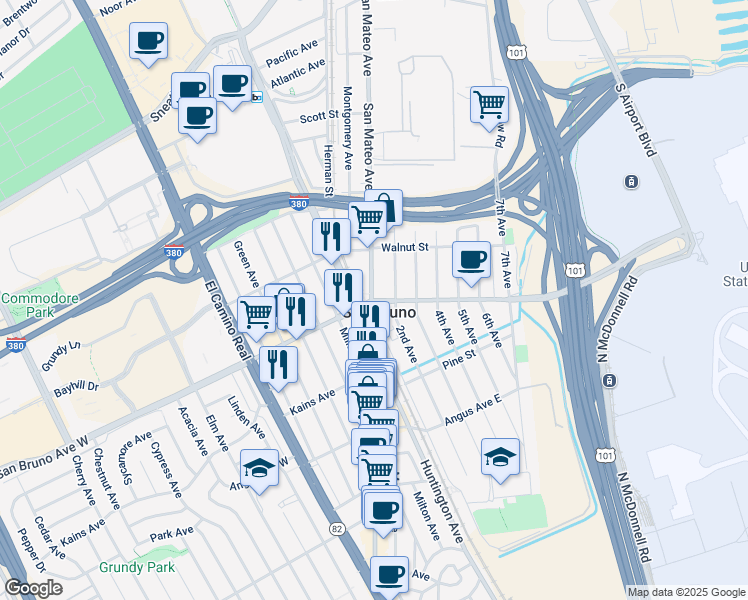 map of restaurants, bars, coffee shops, grocery stores, and more near 111 San Bruno Avenue West in San Bruno