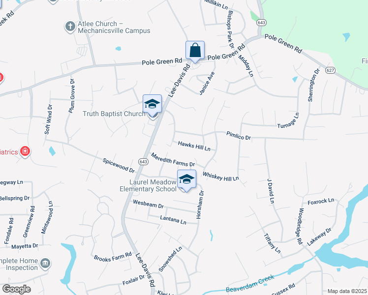 map of restaurants, bars, coffee shops, grocery stores, and more near 7017 Hawks Hill Lane in Mechanicsville