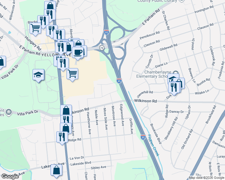 map of restaurants, bars, coffee shops, grocery stores, and more near 301 Beecham Drive in Richmond