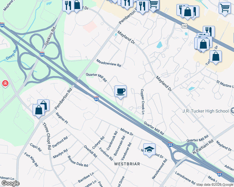 map of restaurants, bars, coffee shops, grocery stores, and more near 2905 Kennebrook Court in Richmond