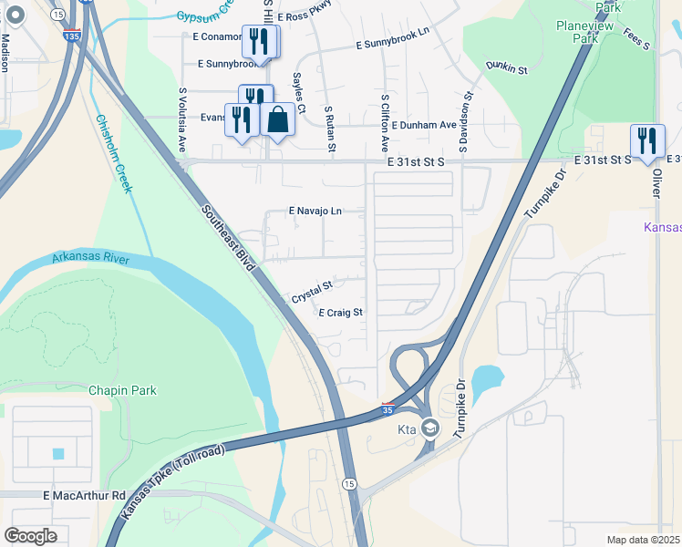 map of restaurants, bars, coffee shops, grocery stores, and more near 3401-3599 Crystal Street in Wichita