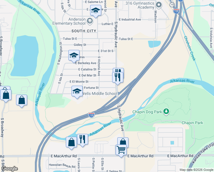 map of restaurants, bars, coffee shops, grocery stores, and more near 1523 East Fortuna Street in Wichita