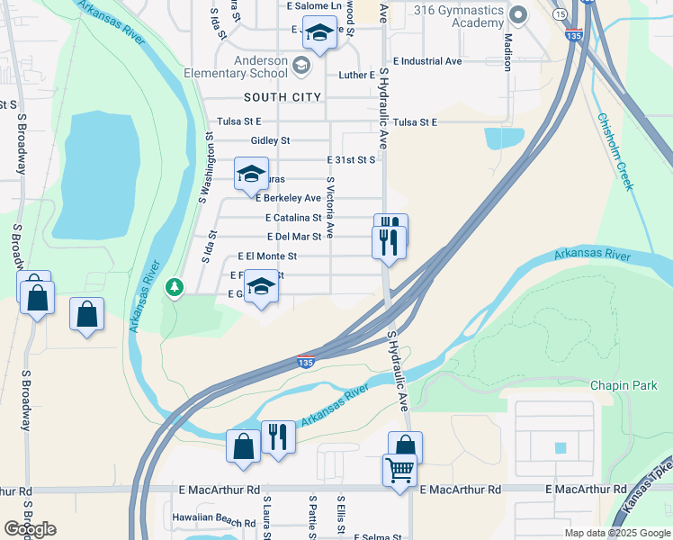 map of restaurants, bars, coffee shops, grocery stores, and more near 1421 East Fortuna Street in Wichita