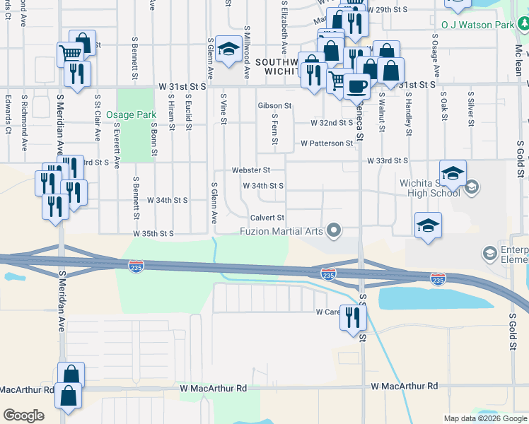 map of restaurants, bars, coffee shops, grocery stores, and more near 1631 West Calvert Street in Wichita