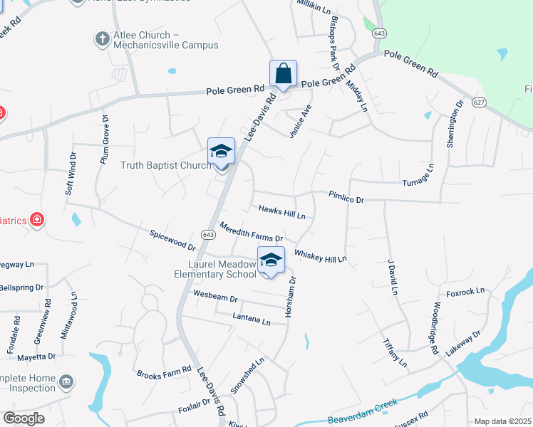 map of restaurants, bars, coffee shops, grocery stores, and more near 7017 Hawks Hill Lane in Mechanicsville