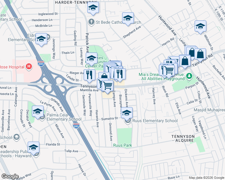 map of restaurants, bars, coffee shops, grocery stores, and more near 1108 West Tennyson Road in Hayward