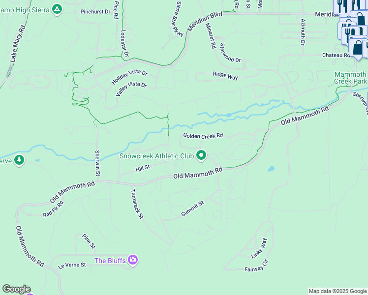 map of restaurants, bars, coffee shops, grocery stores, and more near 549 Golden Creek Road in Mammoth Lakes