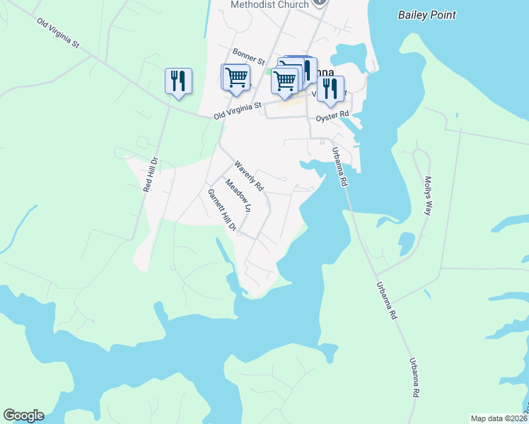 map of restaurants, bars, coffee shops, grocery stores, and more near 294 Waverly Road in Urbanna