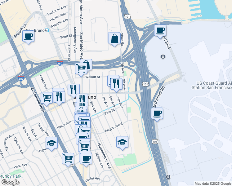map of restaurants, bars, coffee shops, grocery stores, and more near 6th Ave & San Bruno Ave E in San Bruno