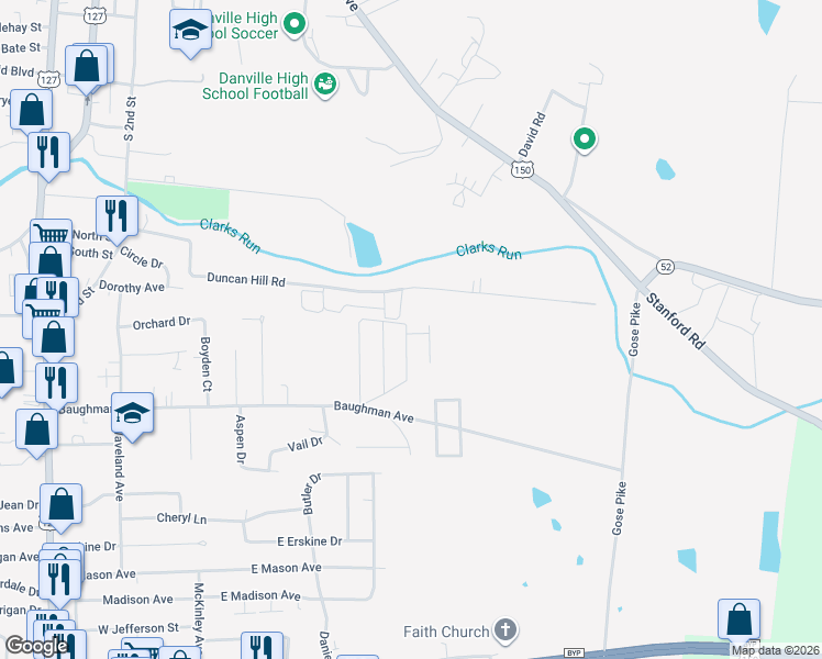 map of restaurants, bars, coffee shops, grocery stores, and more near 128 Imperial Drive in Danville