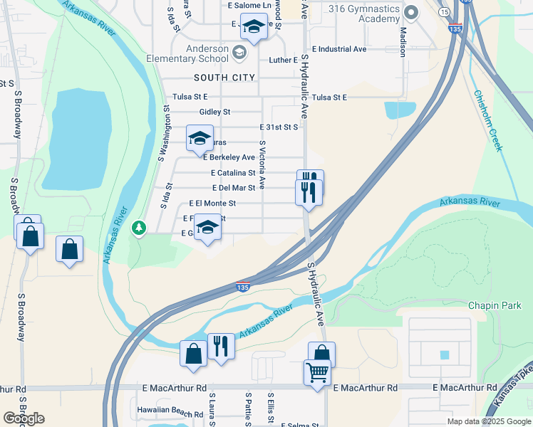 map of restaurants, bars, coffee shops, grocery stores, and more near 1421 East Fortuna Street in Wichita