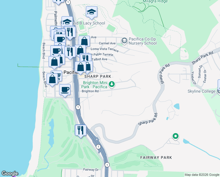 map of restaurants, bars, coffee shops, grocery stores, and more near 487 Brighton Road in Pacifica