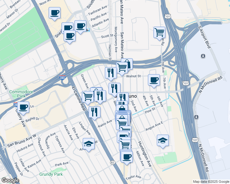 map of restaurants, bars, coffee shops, grocery stores, and more near Huntington Avenue in San Bruno