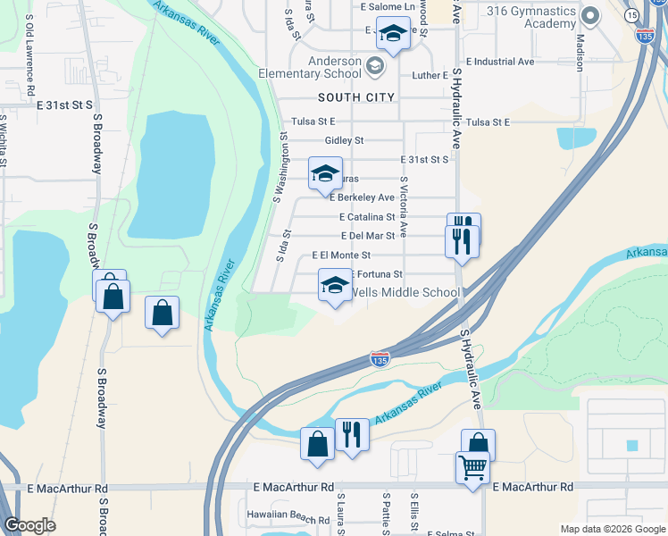 map of restaurants, bars, coffee shops, grocery stores, and more near 1233 East Fortuna Street in Wichita