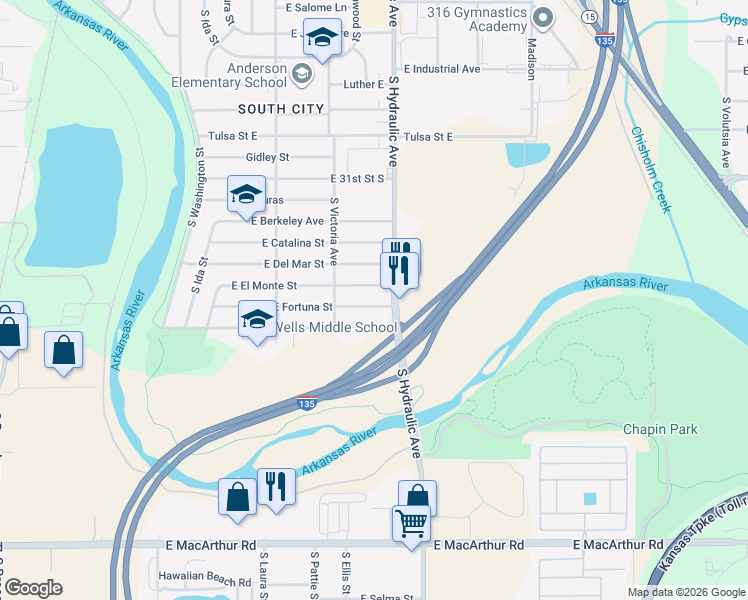 map of restaurants, bars, coffee shops, grocery stores, and more near 1523 East Fortuna Street in Wichita