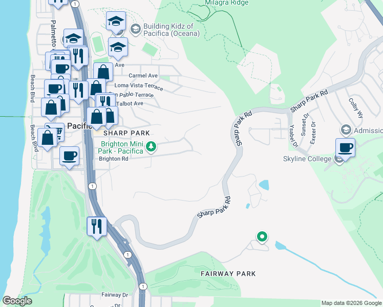 map of restaurants, bars, coffee shops, grocery stores, and more near 652 Brighton Road in Pacifica