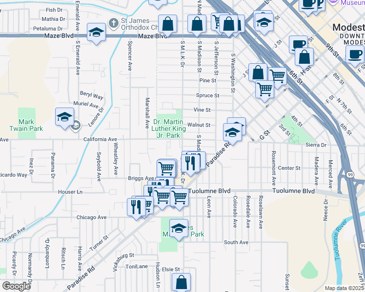 map of restaurants, bars, coffee shops, grocery stores, and more near 850 South Martin Luther King Drive in Modesto