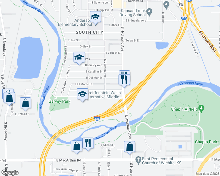 map of restaurants, bars, coffee shops, grocery stores, and more near 1514 East Fortuna Street in Wichita