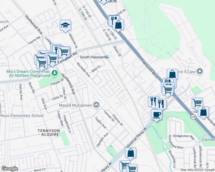 map of restaurants, bars, coffee shops, grocery stores, and more near 29173 De La Cruz Road in Hayward