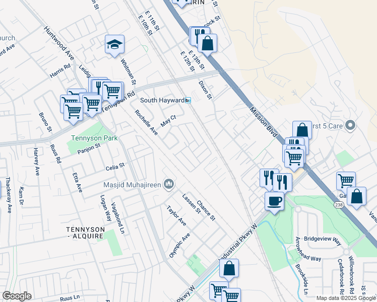 map of restaurants, bars, coffee shops, grocery stores, and more near 29133 De La Cruz Road in Hayward