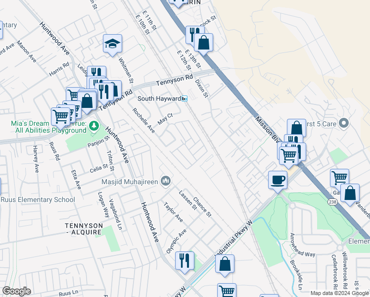 map of restaurants, bars, coffee shops, grocery stores, and more near 29133 De La Cruz Road in Hayward