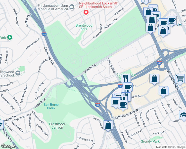 map of restaurants, bars, coffee shops, grocery stores, and more near 415 Piccadilly Place in San Bruno