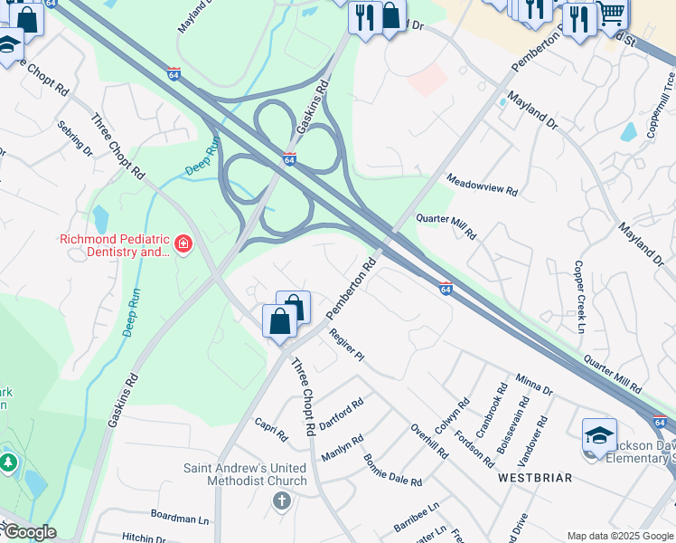 map of restaurants, bars, coffee shops, grocery stores, and more near 10117 Oakley Pointe Dr in Henrico