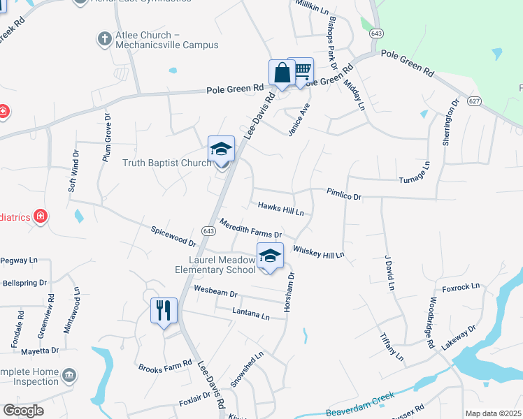 map of restaurants, bars, coffee shops, grocery stores, and more near 7021 Hawks Hill Lane in Mechanicsville